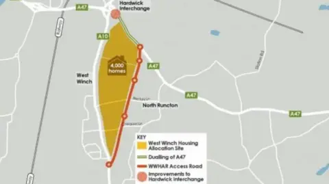 Borough Council of King's Lynn and West Norfolk A map showing the new road, which is south of King's Lynn and runs parallel to the A10. However, inbetween the new road and the A10 is a yellow patch which shows where 4,000 new homes will be built.
