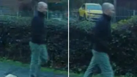 North Yorkshire Police Two CCTV images showing slightly different views of a bald man walking along a paved path beside a hedge in a suburban area. The man wears a dark top and light-coloured trousers.