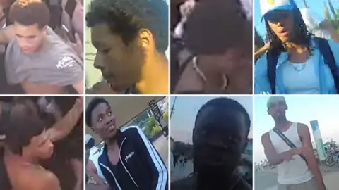 A composite image of eight blurry CCTV stills showing eight young men in casual attire