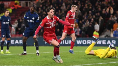 Middlesbrough's Hayden Hackney runs in celebration after scoring against Chelsea