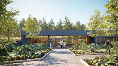 A computer generated view of a Center Parcs building with an Aqua Sana spa and paths around between the trees and a few people milling about