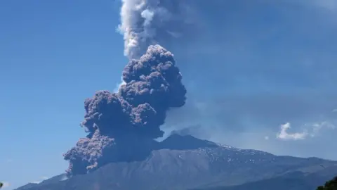 Large dark grey plumes are seen rising from Mount Etna