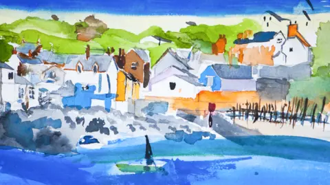 Kevin Kovacs A watercolour painting from the perspective of being out at sea. The water can be seen at the bottom of the painting with a small boat before a coastal town, with cottage-style houses. Green hillside and blue skies are in the background of the artwork.