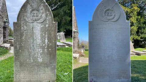 Two photos of the same headstone, before and after the restoration. The first photo shows pointed headstone was previously grey and partially covered in white lichen. The photo on the right shows it gleaming white and the lengthy inscription appears much clearer, although the words are too small to read in the photograph. At the top of the stone is a carving of a wreath with two flags either side. At the centre of the wreath are the letters XL - representing 40 in Roman numerals.