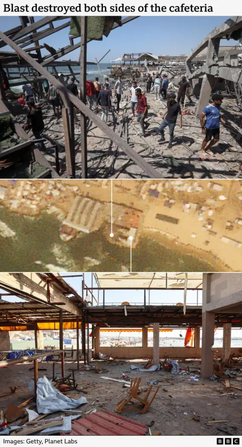 A three-part vertical composite image showing the aftermath of a blast at al-Baqa cafeteria in Gaza City. At the centre, there is a satellite view of the damaged cafeteria. Above and below it, there are two photos, each pointing to their specific locations on the aerial image. The top photo shows people walking through rubble inside a severely damaged structure. The bottom photo shows the opposite side of the cafeteria, with broken furniture and extensive debris visible inside. Images ara credited to Getty and Planet Labs.