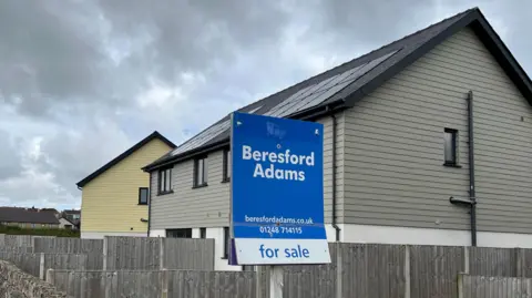 two semi-detached modern homes with solar panels on the roof. There is wooden cladding on the top of the buildings. A blue for sale sign can be seen outside the front of the properties.