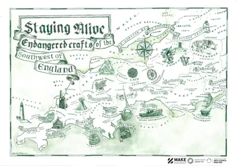 Commissioned by Heritage Crafts, illustrated by Verity Robinson An artist drawn map shows Devon and Cornwall with the different crafts drawn on it. They range from a picture of ship for sail making to lobster pots.