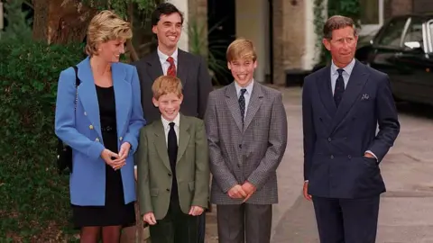 Getty Images Prince Harry with his family on his brother's first day at Eton in 1995