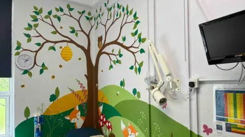 Cornwall Partnership NHS Trust A mural of a tree with animals and wildlife with some equipment and a television on the wall.