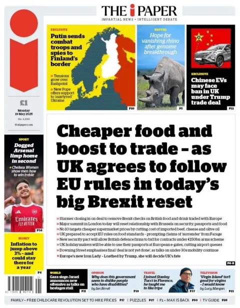 The front page of the i paper, which reads "Cheaper food and boost to trade - as UK agrees to follow EU rules in today's big Brexit reset."