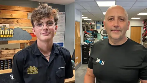 A composite image of two men looking at the camera. The one on the left is a younger man in a bike shop with a quiffy hairstyle and rounded thin-rimmed glasses. He smiles and has a black shirt on. The one on the right is a bald man smiling at the camera with a black t-shirt on. He too is in a cycling shop.