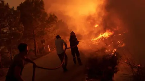 Getty Images Firefighters use a hose to fight a forest fire