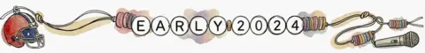 Watercolour-style illustration of a colourful wrapped beads threaded on a cord spelling "EARLY 2024"