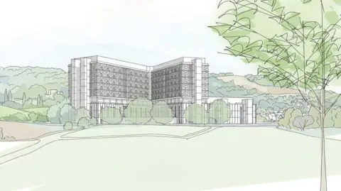Airedale NHS Foundation Trust This is a graphic illustration of what the new hospital in Airedale could look like.  There is a large building in the middle of a field in a picture that almost looks like a water colour.  