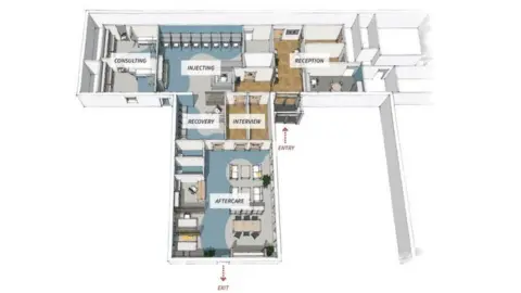 Glasgow City Council Illustration showing the overhead layout of the safe consumption room