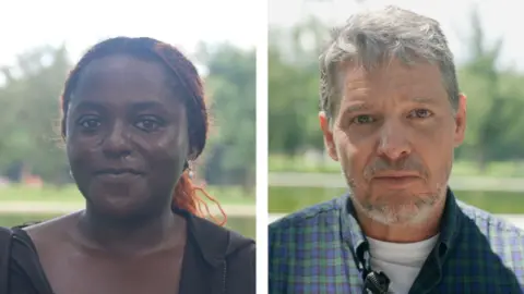 Two Americans are looking at the camera after talking to a reporter.