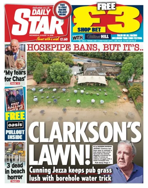 The headline on the front page of the Daily Star reads: "Clarkson's lawn!"