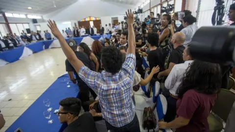 EPA Students shout "They were students not criminals" during the start of the national talks in Managua, Nicaragua, 16 May 2018