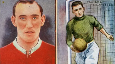 TWAM Cigarette cards of South Shields FC players George Lillycrop in 1922 (left) and goalkeeper Peter Shevlin in 1928 (right)