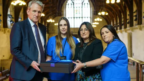 Ed Massey/CCHQ Leanne Ekland and Carly Kingdon travelled to Westminster to campaign for bleed kit training in schools