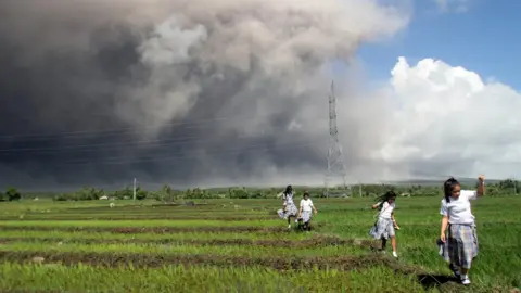 Reuters Students passes through the rice paddy as they run away from cascading volcanic materials from the slopes of Mayon Volcano in Guinobatan, Albay province, south of Metro Manila, Philippines