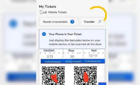 Sian Thomas screenshot of fake tickets
