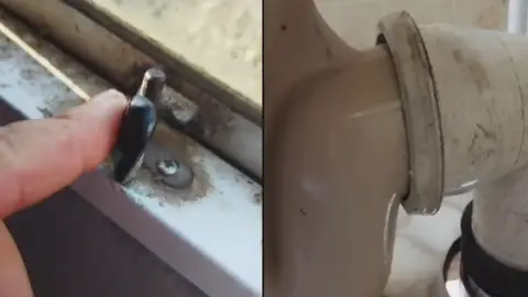 Close-up of two separate maintenance issues: on the left, a finger pointing at a corroded metal latch on a dirty window frame; on the right, a white plastic pipe joint with visible grime and wear
