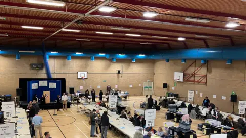 BBC/Jack Fiehn The inside of Donyngs Leisure Centre with ballots being counted