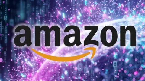 Getty Images Amazon logo seen against a brightly coloured "data stream" abstract concept