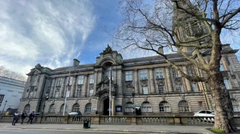 Historic stone civic building with a grand neoclassical façade, rows of tall windows, and a central arched entrance flanked by flagpoles. A large leafless tree stands in the foreground beside a quiet street, with a tower rising above the building against a blue sky streaked with wispy clouds.