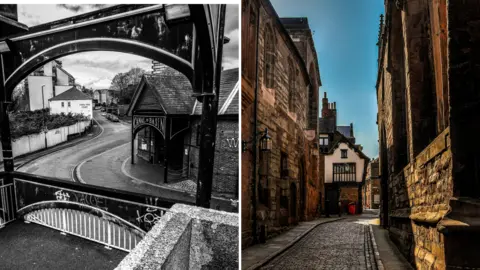 Neil J Catley A black and white image of the entry to Coventry's canal basin sits next to one of Bailey Lane