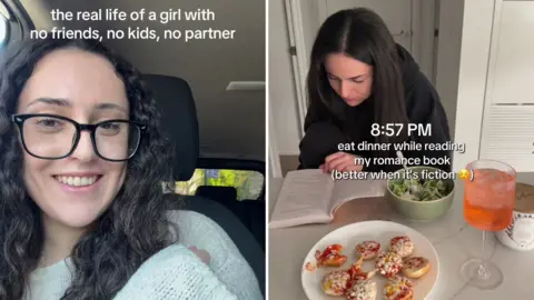 @lanasololife A composite of a woman with glasses wearing a white sweater and a woman in black hoodie reading a book while eating dinner.