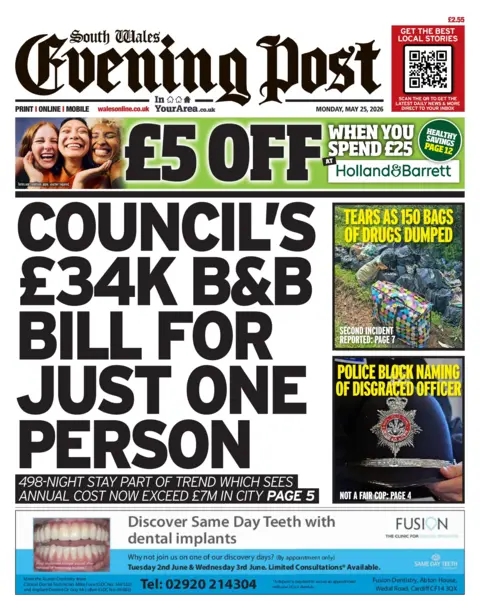 South Wales Evening Post Front page of the South Wales Evening Post has the headline councils 34,000 pound b and b bill for one person