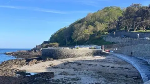A landscape of the former sight of the restaurant in the background is the sea as well as some trees and roads