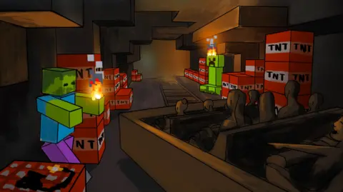 Mojang/Merlin A carriage carries passengers on a track through a tunnel lined with life-sized TNT blocks often found in Minecraft. A zombie character lunges from the right of the picture, while a bright green Creeper waits in the distance.