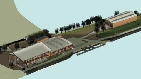 A computer generated image of the plans for the clubhouse - a two-storey building - to the left of the picture and the boathouse to the right. They are both surrounded by light blue shading, which represents the boating lake around it.