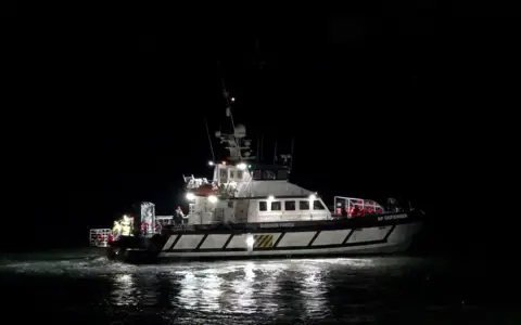 Press Association A black and white Border Force boat with lights beaming out in the dark