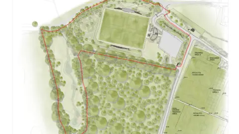 Enfield Council Artists impression of the park from above, with the edges of the proposed site lined in red.