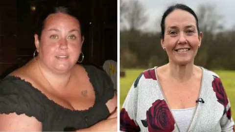 Angela Chesworth Two pictures of Angela Chesworth. On the left she is overweight, wearing a black top. On the right, she has lost weight an is standing in a garden wearing a grey cardigan with large red roses.