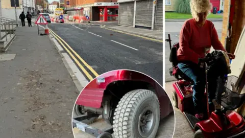 Seth Dellow/Bridgwater Mercury A picture in three sections: first the roadworks on Celebration Mile, second Sally Jones on her mobility scooter and third, in a small circle in the foreground, is a close-up of the tyre of the scooter 