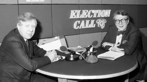 Roy Hattersley and the BBC's Sir Robin Day during the election campaign in 1983