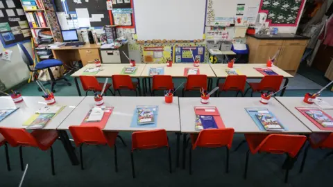 Reuters A view shows desks in a classroom prepared by Westlands Primary School's staff for the new school year, as pupils return to school tomorrow