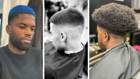 Joel Grant Three images. Left, Joel Grant supporting a trimmed blue hairstyle. Middle, a young man with a fade shaved head and a small shaved design. Right, an afro style haircut but with a smart shaved finish.