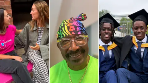 Three side-by-side images; on the left, two women sit chatting on a bright pink bench. In the middle, a man with a bright green top and a multi-coloured bandana. He also wears a gold chain. On the right, two twins in graduation caps and gowns pose with their arms around each other.