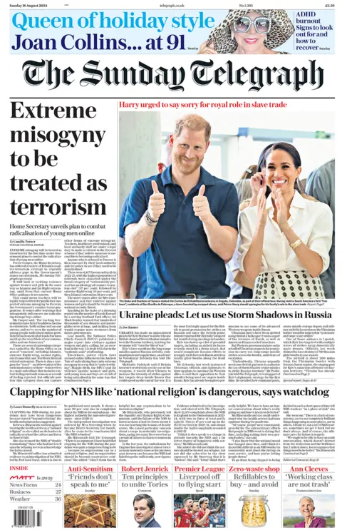 The main headline on the front page of the Sunday Telegraph reads "extreme misogyny to be treated as terrorism". The front also features an image of the Duke and Duchess of Sussex.