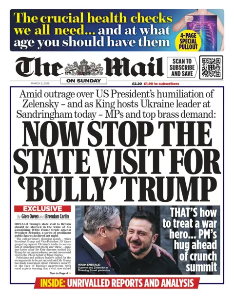 The front page of the Daily Mail reads: "Now stop the state visit for 'bully' Trump.