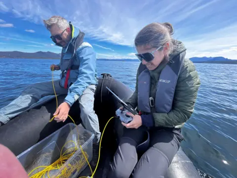 A woman with dark hair and sunglasses holding a controller with a yellow cable coming out of it into a box.  A man is then feeding the cable into the sea. They are on a small boat on a clear day with blue skies.