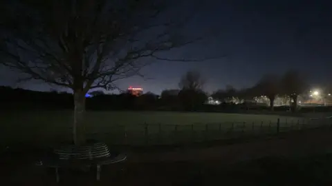 Amy Holmes/BBC A dimly lit park at night with a tree‑side bench in the foreground and distant lights glowing along the horizon.