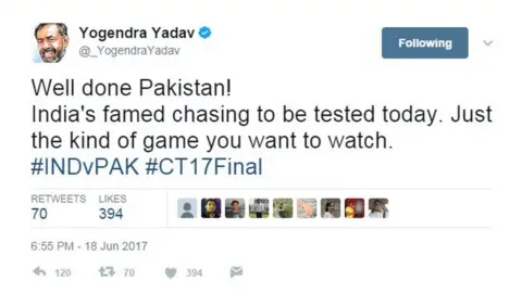 Yogendra Yadav Well done Pakistan! India's famed chasing to be tested today. Just the kind of game you want to watch.