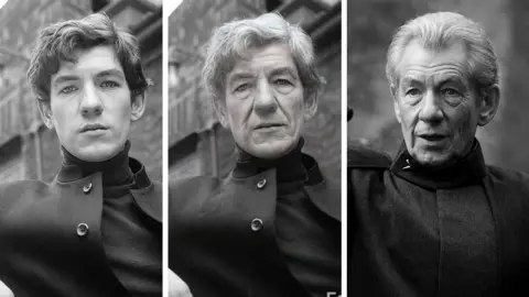 Getty Images/FaceApp/Alamy Composite image of Sir Ian McKellen before the app, after it and what he looks like now